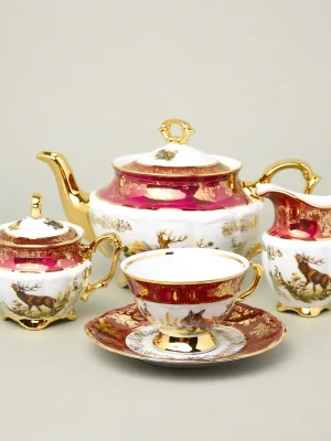 Časově Omezené Čajová sada pro 6 osob, myslivecká - rubín, porcelán Carlsbad