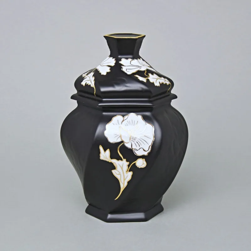 Akční Nabídka Dóza / Urna šestihran 20 x 14,5 x 13 cm , Černý fond + zlato, Porcelán Duchcov