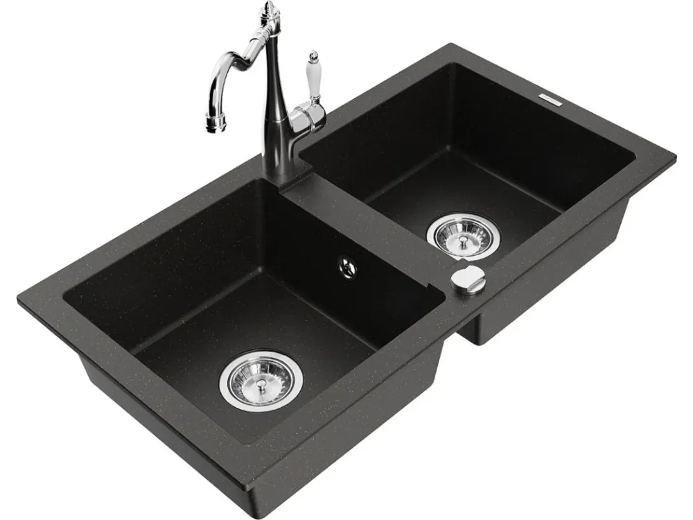 Finální Výprodej MEXEN/S - Mario granitový dřez 2-bowl včetně baterie Carla, černá/zlatá metalik 6504-75-670700-00