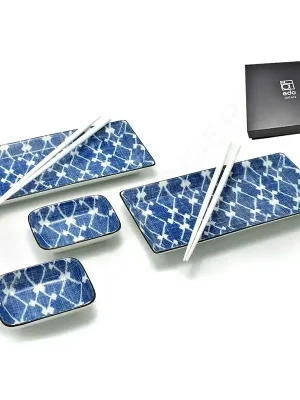 Japonský porcelánový servis na sushi - Shibori Blue Box, pro 2 osoby Super Cena